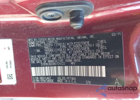 2011 Toyota Sienna Limited V6 z USA, uszkodzony, nr VIN 5TDYK3DC0BS124322